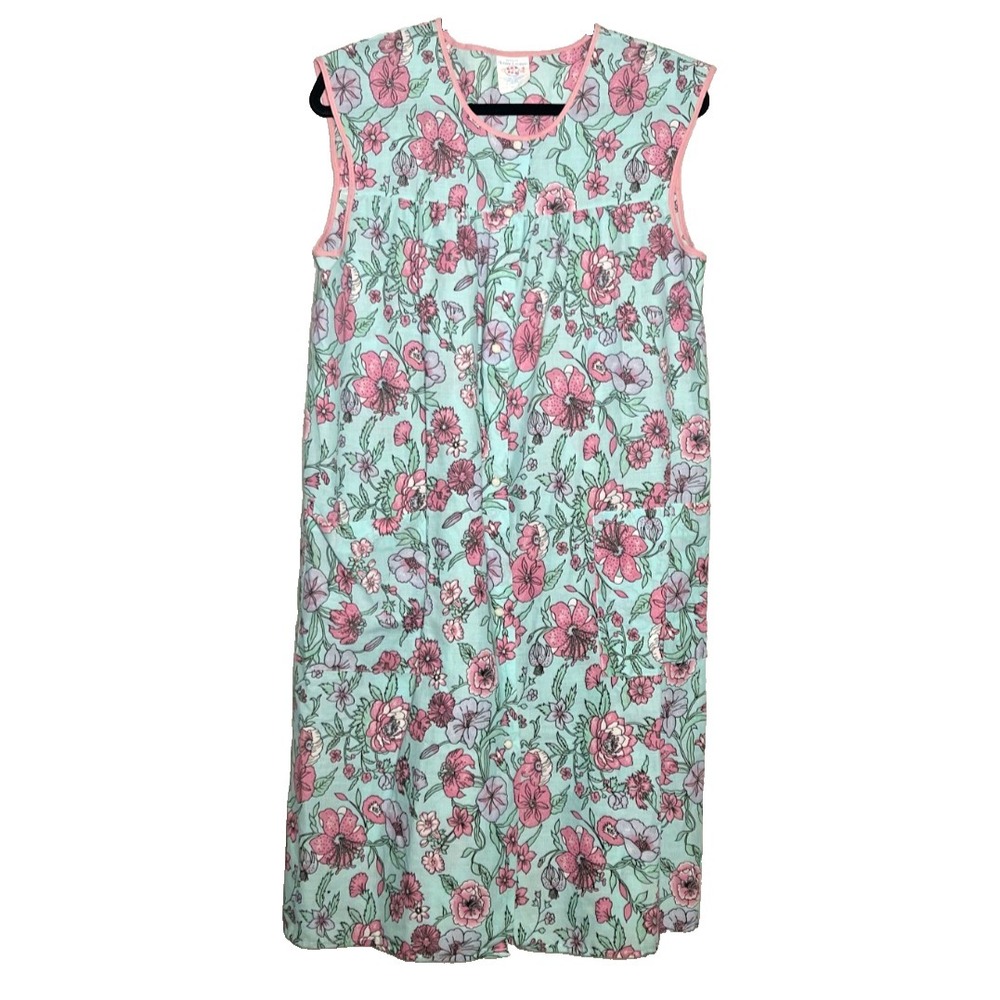 Vtg Artistic Creation House Dress Lg  Blue Floral Apron Duster Snaps Sleeveless